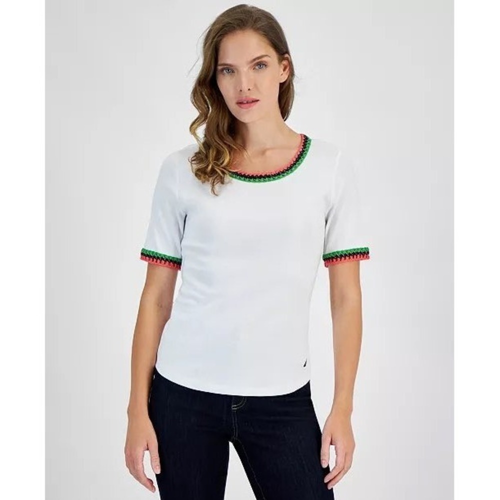 Nautica Jeans Women's‎ White Crocheted Trim Knit TShirt Size L NWT